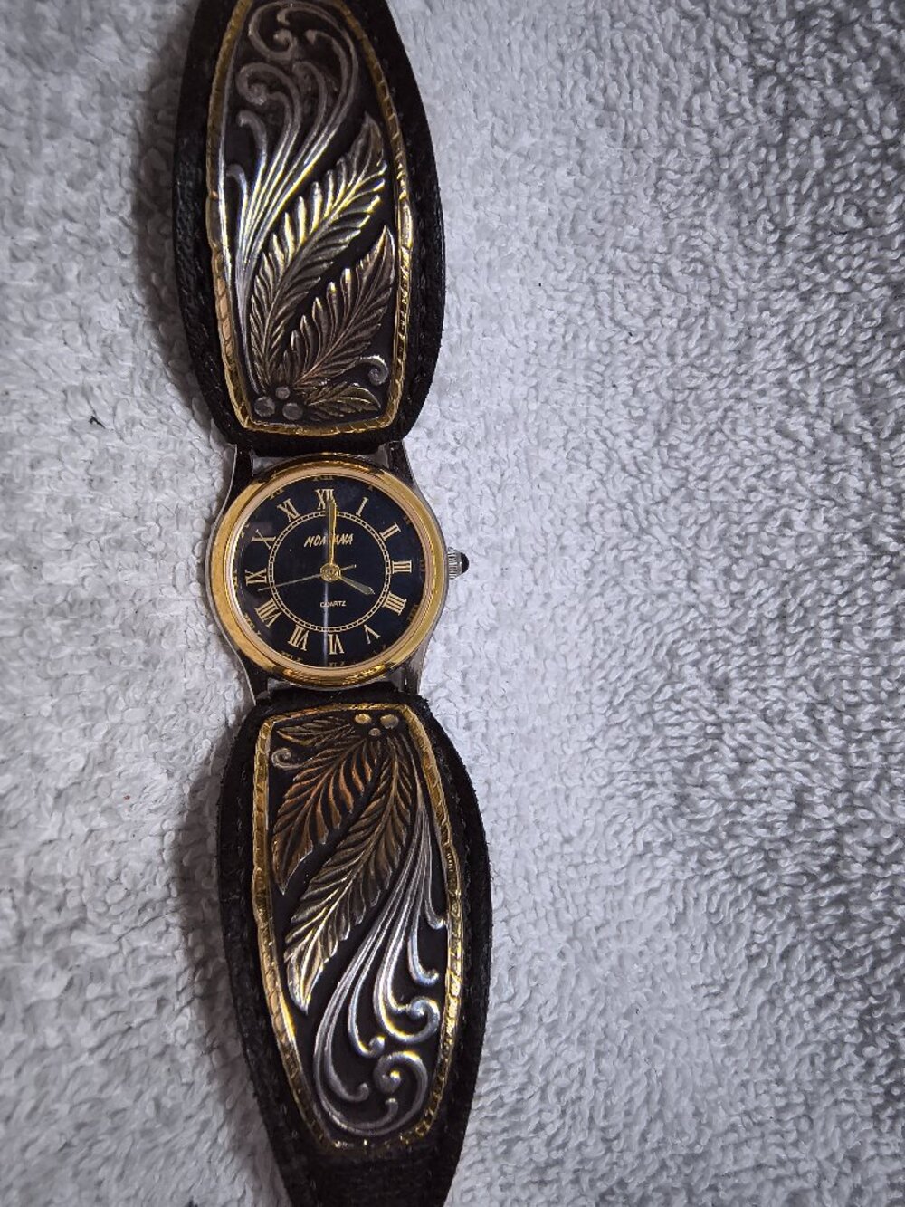 Montana Silversmiths Watch Gold Rose Gold Leaves Black Leather New Bat Gold Trim